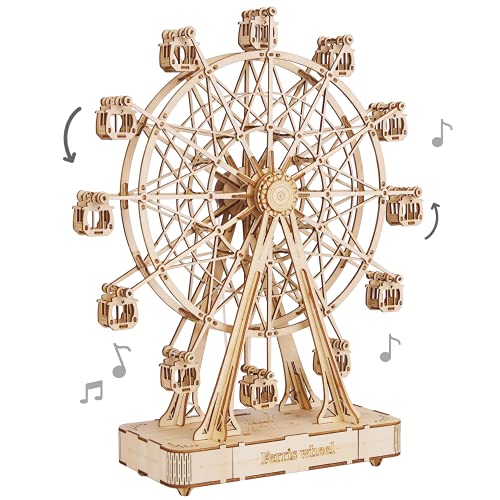 Rolife 3D Wooden Puzzle Hand Crank Music Box Machinarium Toys DIY Wood Craft Kit Creative Gift for Boys Girls Adults Kids When ChristmasBirthday Ferris Wheel Wood Color