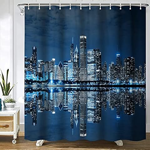 SPXUBZ Chicago Skyline Sleeping City Dramatic Urban Resting Popular American Lake Night Blue Grey Shower Curtain Waterproof Bathroom Decor Polyester Fabric Curtain Sets with Hooks, 72x72 Cover