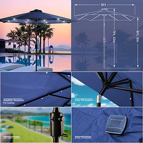 Sun-Ray 811051 9' Round 8-Rib Solar Lighted Patio Umbrella, 32 Led Lights, Crank And Tilt, Aluminum Frame, Navy #TOP6