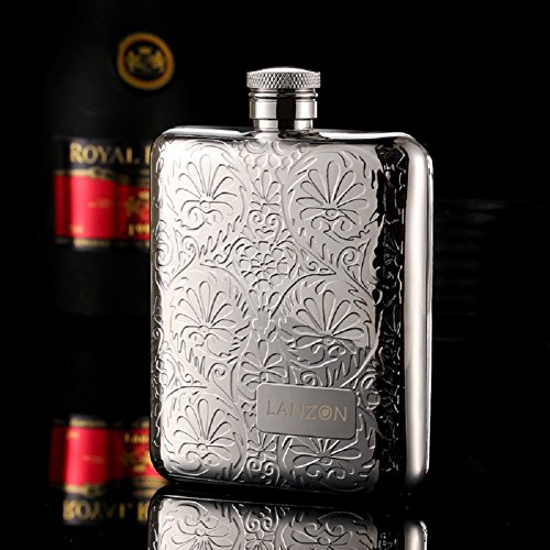 Lanzon Hip Flask With Funnel, All 18/8 304 Food Grade Stainless Steel Curved Pocket Flask For Liquor | 6 Oz Capacity | Gift Boxed (Flower Pattern) #TOP4