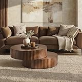 HULALA HOME Swivel Fluted Coffee Table, Solid Wood Modern Center Table for Living Room and Lounge Room, No Assembly, Walnut