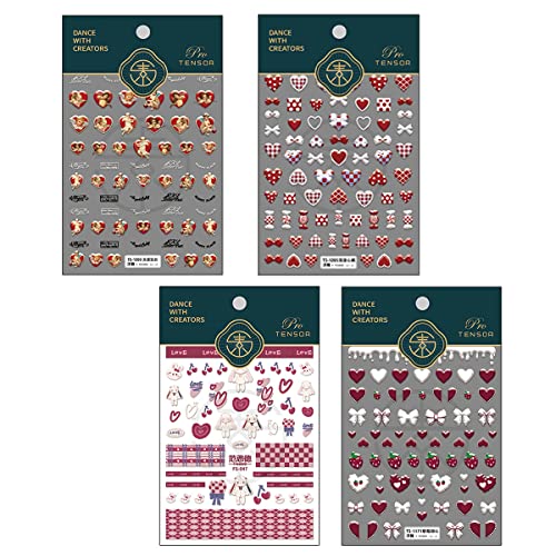 Valentines Day Nail Art Stickers Decal, 5D Stereoscopic Embossed Nail Stickers Red White Bow Love Heart Strawberry Red Heart Nail Sticker For Valentines Nail Decorations(4 Sheets) #TOP1