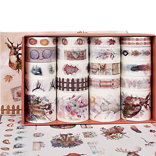 Daputou 20 Rolls Vintage Washi Tape Set, Maple Leaves Elk Food Stamp Animal Girls Aesthetic Decorative Masking Tape Sets For Scrapbook,Journaling,Kid's Diy Craft,Scrapbooking Supplies #TOP5