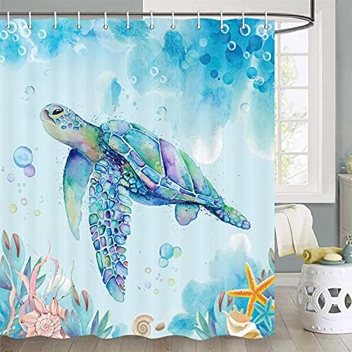 JAWO Sea Turtle Shower Curtain, Underwater Seaweed Seashell Shower Curtain, Marine Animals Teal Ocean Shower Curtain, Tropical Fish Shower Curtain Nautical Turtle Shower Curtain with Hooks, (70X70)