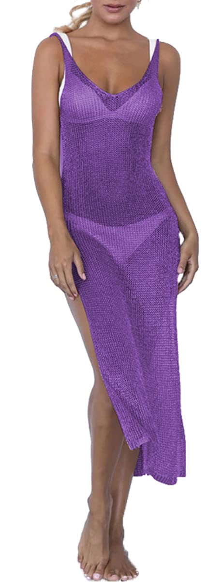 PerZeal Sexy senza maniche costume da bagno coprire Ups puro Crochet Plus Size Beach Bikini vedere attraverso costumi da bagno Maxi abiti, 5333viola, XX-Large