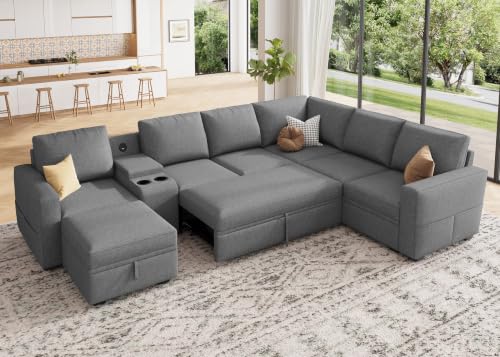 Image of HONBAY Modular Sleeper Sofa with Pull Out Bed, Central Console, Grey