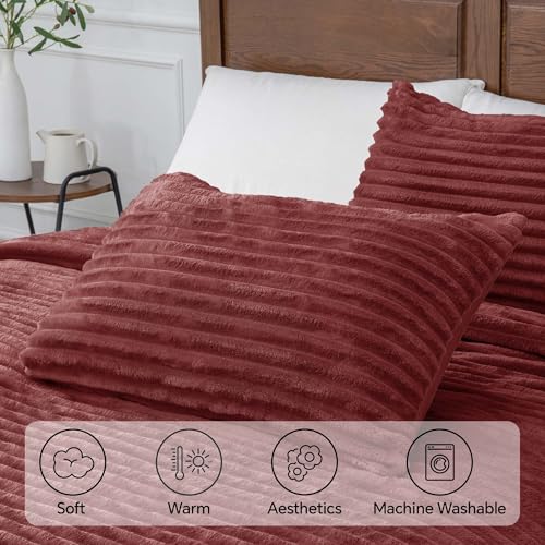 BEDELITE Fleece Queen Comforter Set -Super Soft & Warm Fluffy Burgundy Bedding, Luxury Fuzzy Heavy Bed Set for Winter with 2 Pillow Cases