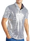 Felcia Herren-Glitzer-Oberteil, lässig, Vintage-Stil, kurzärmelig, Turndown, glitzernde Pailletten, Hemd, 70er-Jahre, Disco, Nachtclub, Party, Outfits für Herren, A-Silber, 3XL