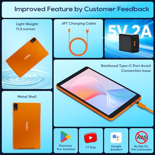 Callsky-Tab Android Tablet 8 Inch, 12(4+8) GB RAM, 64GB ROM(2TB Expandable), Octa-Core, Wi-Fi 6 & Bluetooth 5.4, Dual Speakers, Metal Body, 6 FT Charging Cable, Reinforced Type-C Port, Orange - Image 3