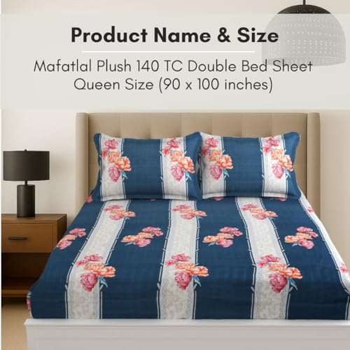 Image of Mafatlal Plush 140 GSM Double Bed Sheet | Lightweight Microfiber | 90 x 100 Inches | Queen Size | Premium Feel & High Durability | Dark Blue & Beige