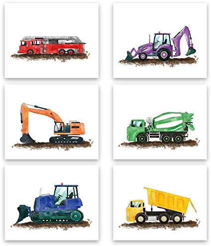 Watercolor Truck Wall Art Print-- Playroom or Nursery Boy Bedroom Decor--Colorful Cartoon Construction Car Canvas Print ( Set of 6 )--Unframed--8X10 inch …
