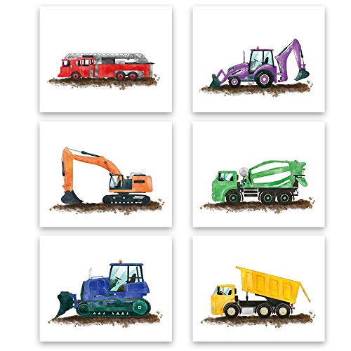 Yimehdan Watercolor Truck Wall Art Print- Playroom Or Nursery Boy Bedroom Decor-Colorful Cartoon Construction Car Canvas Print (Set Of 6)-Unframed-8X10 Inch #TOP16