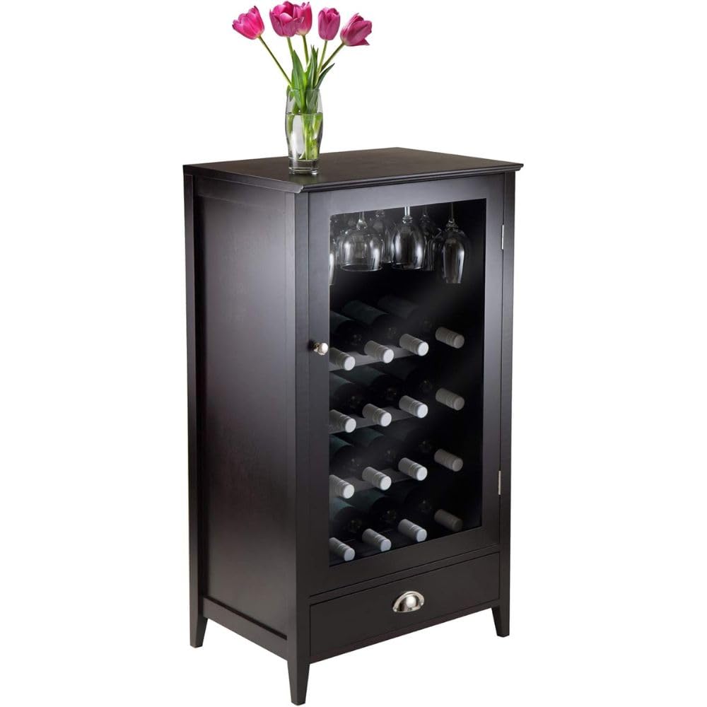 Oakestry Bordeaux Modular Wine Cabinet Espresso Finish Solid Composite Wood Construction with Rich Espresso Finish Stylish Freestanding Wine Storage Unit with Glass Rack and Drawer