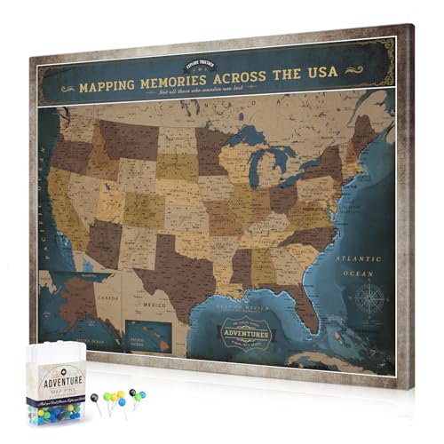 Image of DECORARTS - Deep Blue Vintage USA Travel Map Canvas with Pins, US Map for Travel, for Living Room or Office, Ready to Hang, 35x28''
