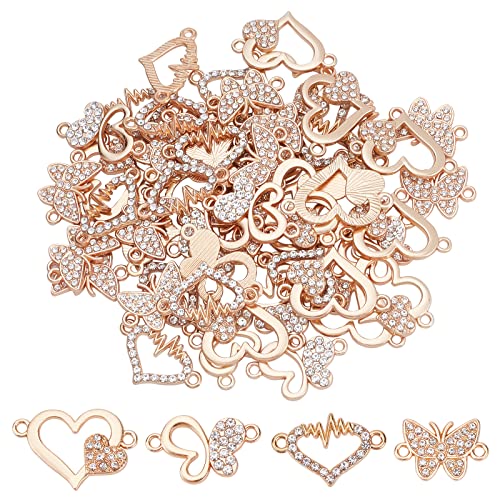 SUPERFINDINGS 64pcs 4 Styles Butterfly Heart Rhinestone Diamond Connectors Alloy Links Connectors Golden Butterfly 2-Holes Charms Links for DIY Crafting Jewelry Making