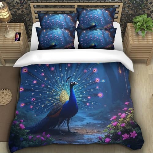 Ensemble de lit microfibre douce avec fermeture éclair cachée motif paon 3D