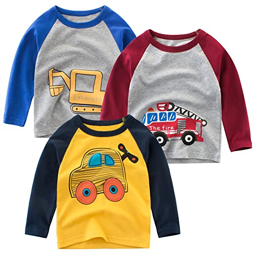 Toddler Boys 3-Pack Long Sleeve Excavator T-Shirt 100% Cotton Basic Tops Car Shirt