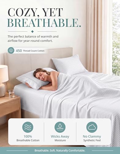 Image of LANE LINEN 100% Cotton Sheets Queen Size - 450 Thread Count Ultra Soft Sheet Set, Durable Bedding for Daily Use, Luxury Sateen Finish, Snug Fit 15 inch Deep Pocket Fitted Sheet - Tickling Stripe