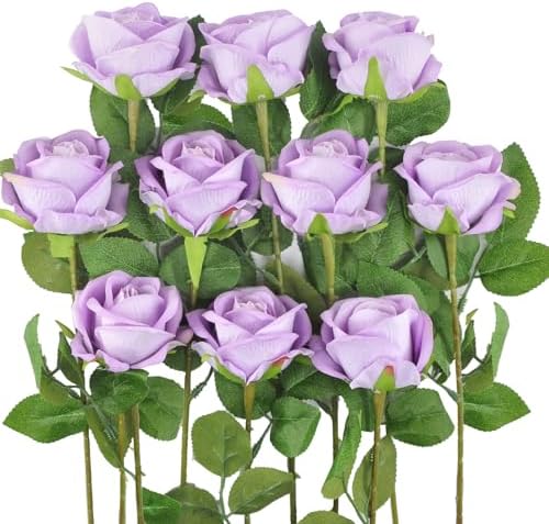 Kenpal 10pack Realistic Fake Roses Artificial Flowers with Stem for Decoration Floral Arrangement Centerpieces Wedding Bouquets (Lavender)