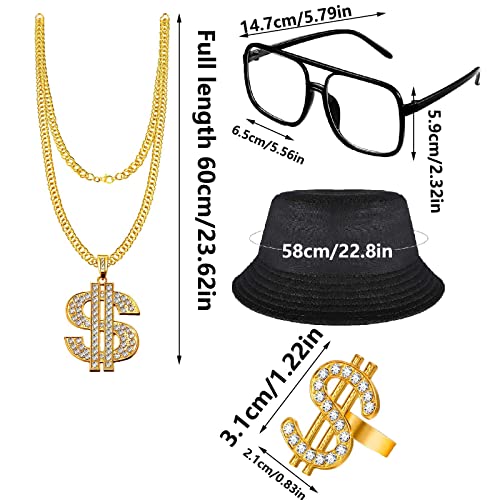 4 Stuks Hip Hop Kostuumset, Dollar Ketting, Zonnebril, Gouden Ring Dollartekens, Bucket Hoed, Rapperaccessoires Uit de Jaren 80/90, Voor Mannen en Vrouwen - Image 3