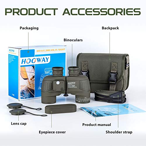 Hooway 7X50 Waterproof Floating Marine Binocular W/Internal Rangefinder & Compass For Navigation,Boating,Bird Watching And More(Army Green #TOP6