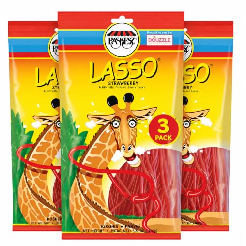 DOUzzle Kosher, Lasso Red Licorice Laces, Candy Ropes Shoe Strings, Strawberry Flavored (3.5 OZ - 3 Pack) Birthday Party Favor & Movie Night Snacking, Goodie Bag Stuffer, Pinata Filler