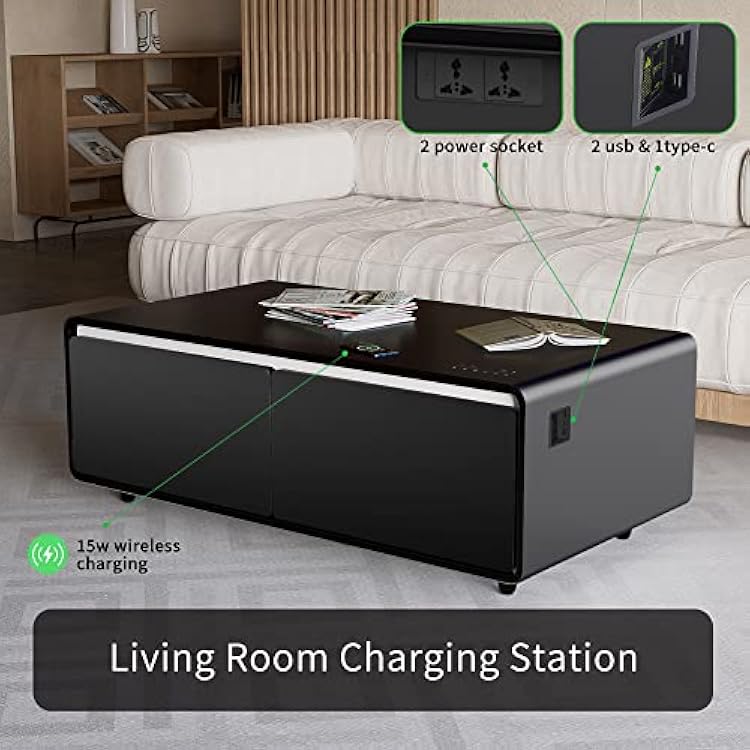 LUMISOL Smart Coffee Table with Built-in Fridge, USB Ports, RGB Light, Charging Power Socket, Smart Speaker and Wireless, Modern Coffee Table with Refrigerated Drawers for Living Room Office, Black