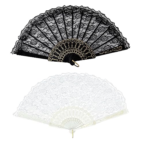 SKHAOVS 2 Pezzi Vintage Ventaglio a Mano in Pizzo, Ventaglio da Sposa in Pizzo, Ventaglio Matrimonio, Ventaglio Pieghevole da Donna retrò Ventaglio Pieghevole in Pizzo Ventaglio a Mano