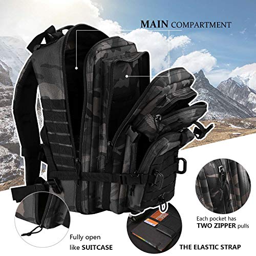 Image of Hannibal Tactical MOLLE Assault Pack, Tactical Backpack Military Army Camping Rucksack, 3-Day Pack Trip w /USA Flag Patch, D-Rings, Black Camo