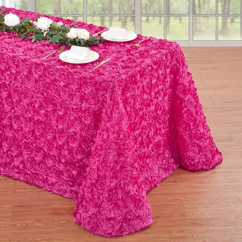 Fanqisi Hot Pink 3D Floral Rosette Satin Tablecloth 90"x132" Birthday