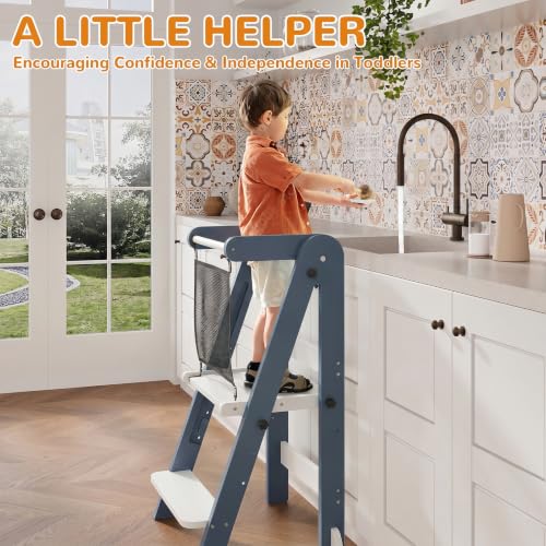 Image of ROOMTEC Foldable Toddler Kitchen Tower, 3 Adjustable Height Wooden Step Stool, Toddler Standing Tower with Safety Net (Blue)