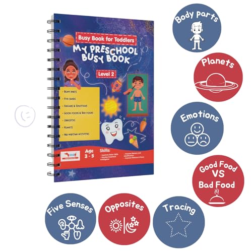 Image of CocoMoco Kids My Preschool Busy Book For Toddlers Level 2 With Body Parts,Planets,Opposites,Emotions | Quiet Book For Kids Learning Toys For 3-5 Year Olds | Montessori Learning (Pack Of 5),Multicolor