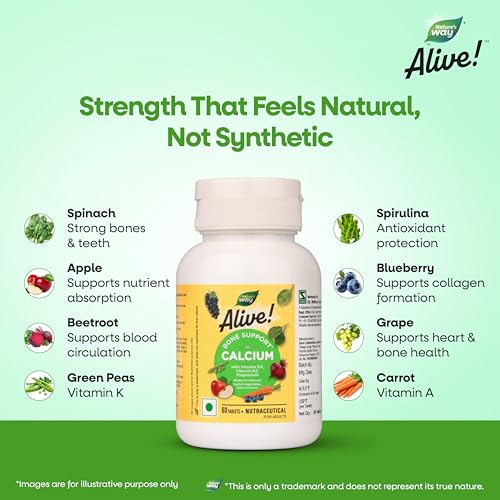 Image of Nature's Way Alive Calcium Bone Support with Vitamin D3,Magnesium and Vitamin K2-7 | Joint and Bone support for Men & Women | Natural Calcium for Strong Bones & Teeth - 60 Veg Tablets