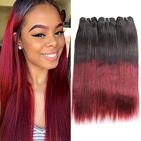 Huarisi Ombre Weave Straight Bundles 1b/99j 3 Bundles Ombre Brazilian Hair Extensions Weave 2 Tone Burgundy Unprocessed Real Human Hair Silky Double Weft Pack of 14 16 18 Inches Cover
