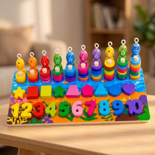 Brinquedo Educativo Tabuleiro Montessori 3 Anos, Pescaria Madeira Magnética