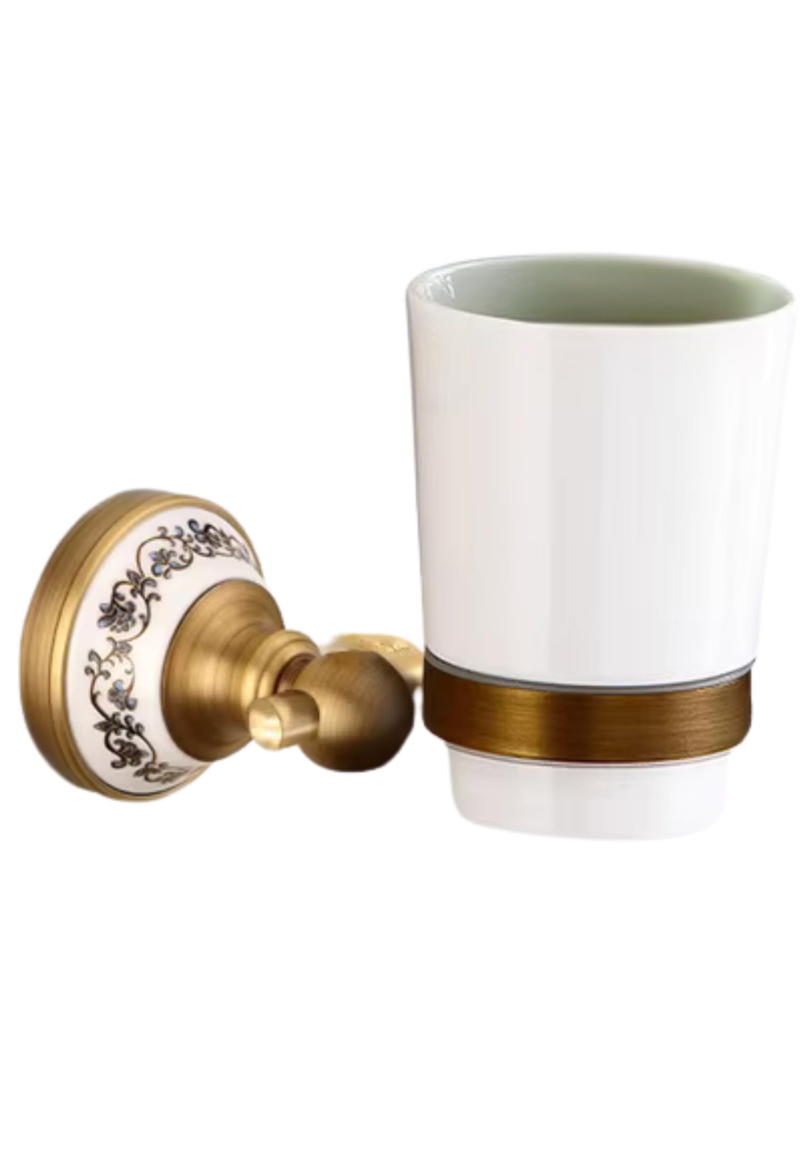 Portacepillos de dientes de pared estilo retro de latón y cerámica, soporte de pared para vasos con adorno, soporte de baño para cepillo de dientes y accesorios de baño (1 vaso)