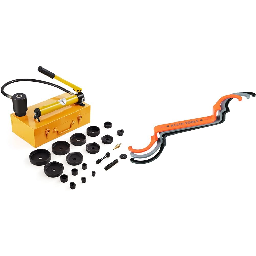 VEVOR 15 Ton Hydraulic Knockout Punch Kit, 1/2" to 4" Conduit Hole Cutter Set, KO Tool Kits W & Klein Tools 50900R Conduit Lockout Wrench Set, Tighten and Loosen Locknuts in Tight Spaces