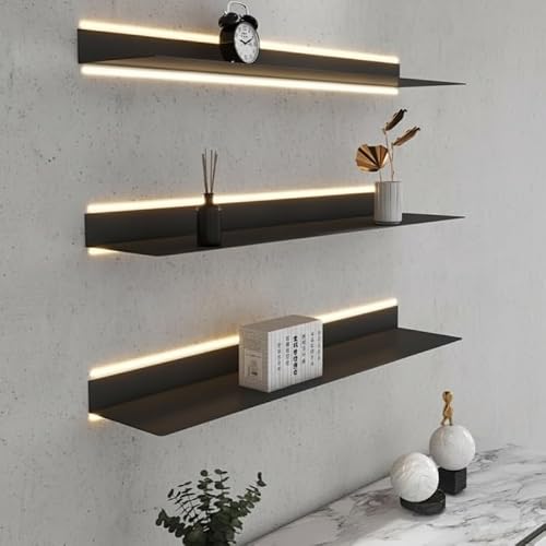 ウォールシェルフ オープンラック 壁掛け棚 LED内蔵発光ウォールラック 60×20cm 壁掛け収納棚 フローティングシェルフ メタル製 植物・本棚用 間接照明付き (60*20,ホワイト) [2]