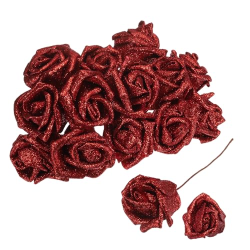 sourcing map 50pcs Glitters Roses Artificial Flower, Fake Roses with Stems Foam Real Touch Faux Roses for Wedding Party Office Shower Home Decoration, Red