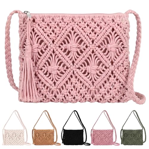 Image of Sahunfri Straw Crossbody Bag for Women Bohemian Shoulder Bag Woven Crochet Purse For Summer Beach Travel Clutch Handbag (Pink)