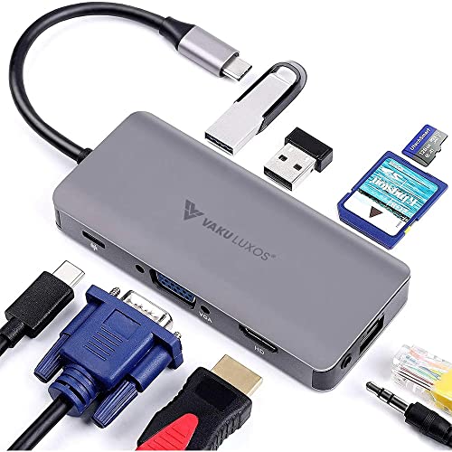 Image of Vaku Luxos USB Hub Type C HYPERION 9IN1 multiport 3.0 High-Speed Adapter connector (5GBPS) data transfer Converter Extension with HDMI, PD Port, VGA, RJ45 LAN, 3.5mm Audio, SD /TF Card Reader docking station Compatible with Macbook Air Pro (M1, M2 etc), iPad Pro Air, Laptop, and Other Type C Mobile & Devices