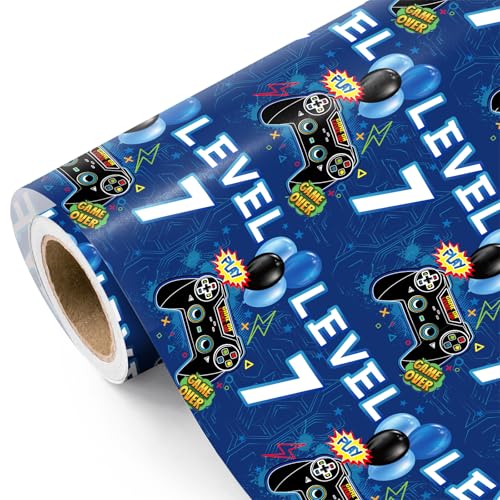 WRAPAHOLIC Gaming 7th Birthday Wrapping Paper Roll - Mini Roll - 17 Inch x 16.5 Feet - Gamer Controller Level 7 Video Game Wrapping Paper for Boys Birthday, Game Lover, Baby Shower
