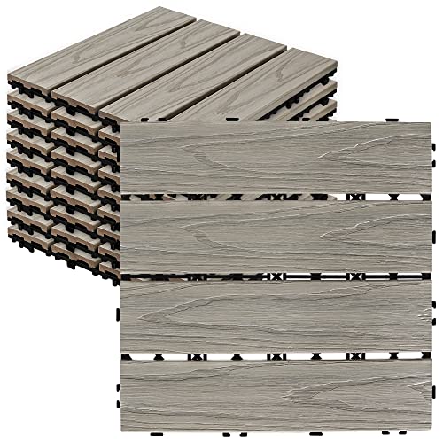 Pure Era Wood Composite Interlocking Floor Deck Tiles Indoor Outdoor Use 12"X12" (10Pcs, 10 Sq. Ft, Grey Oak Wood Pattern) - Great Upgrade To Patio Backyard Pathway #TOP5