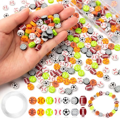 YGAOHF 150 Pcs Sports Ball Beads for Jewelry Making, Friendship Polymer Clay Bead with Elastic String for Making Bracelet, Baseball Basketball Soccer Rugby Volleyball Football Beads for Craft