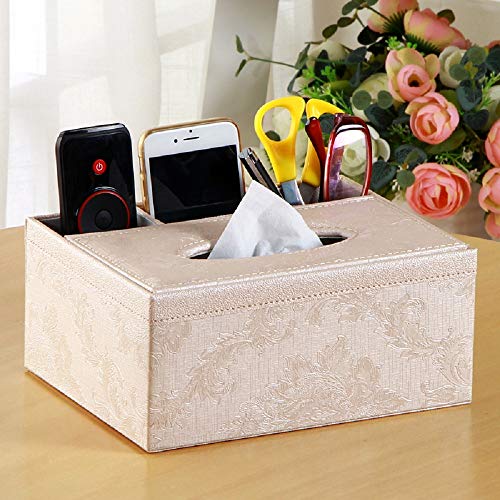 Eonyea Rectangular Tissue Box Cover, Ultifunction Pu Leather Pen Pencil Remote Control Tissue Box Cover Holder Desk Storage Box Container For Home And Office Use (Champagne) #TOP2