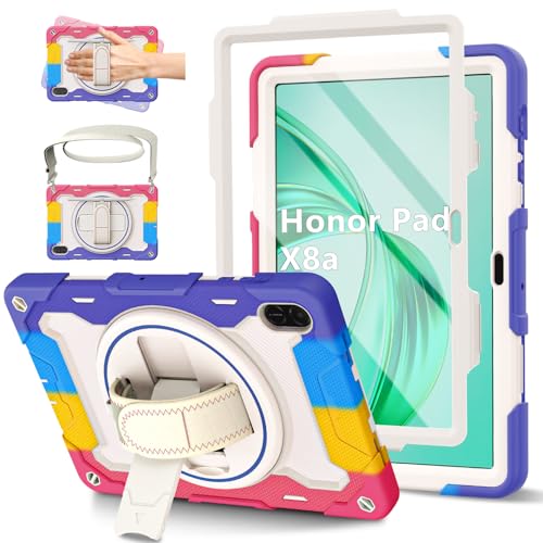 ROSROME for Honor Pad X8a Case 11 inch 2024 with HD Screen Protector, Shockproof Heavy Duty Cover with 360°Rotating Stand/Shoulder Strap/Hand Strap/Pen Holder for 11" Honor X8a Tablet Case, Pink