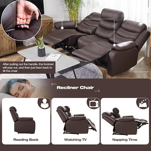Mellcom Pu Leather Reclining Sofa, Manual Reclining Home Theater Seating, Upholstered Sofa Recliner Chair, Arm Chair For Living Room Reading Room Bedroom, Brown, Three Seat #TOP3