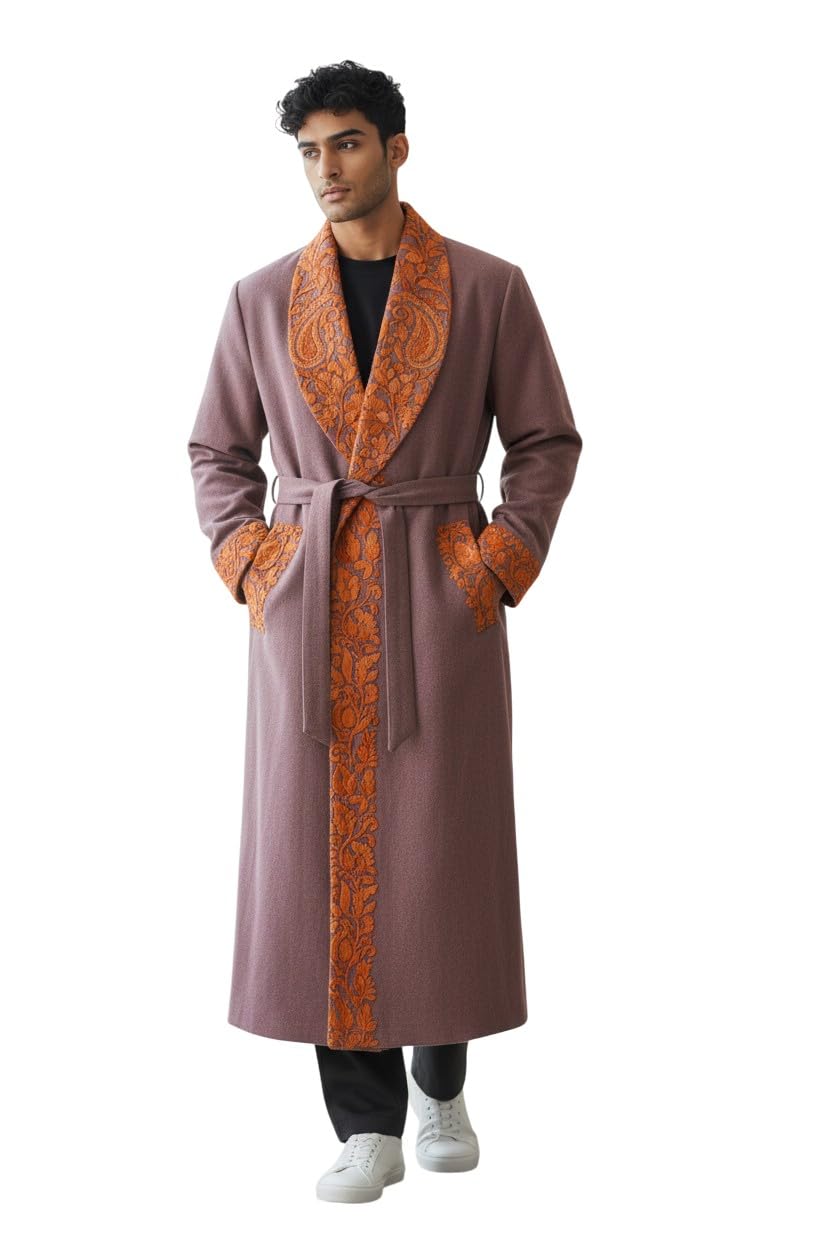 Men Woolen Nightgown Dressing Gown Sleep And Lounge Wear With Kashmiri Charming Embroidery Free Size (1, Dusty Mauve)