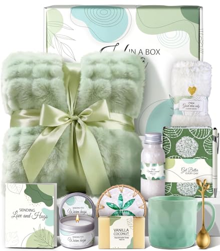 Coralogo Get Well Soon Gift Baskets - Mothers Day Gift Basket, Hug In a Box with Blanket, Thoughtful Self Care Gifts for Get Well Sympathy Relaxation Birthday Thinking of You, Spa Kit For Women