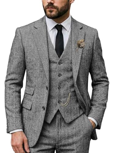 Men Suit Classic Regular Fit 3 Piece Tweed Herringbone Wool Jacket Tuxedos Wedding Grooms Blazer+Vest+Pants(Gray,Large)